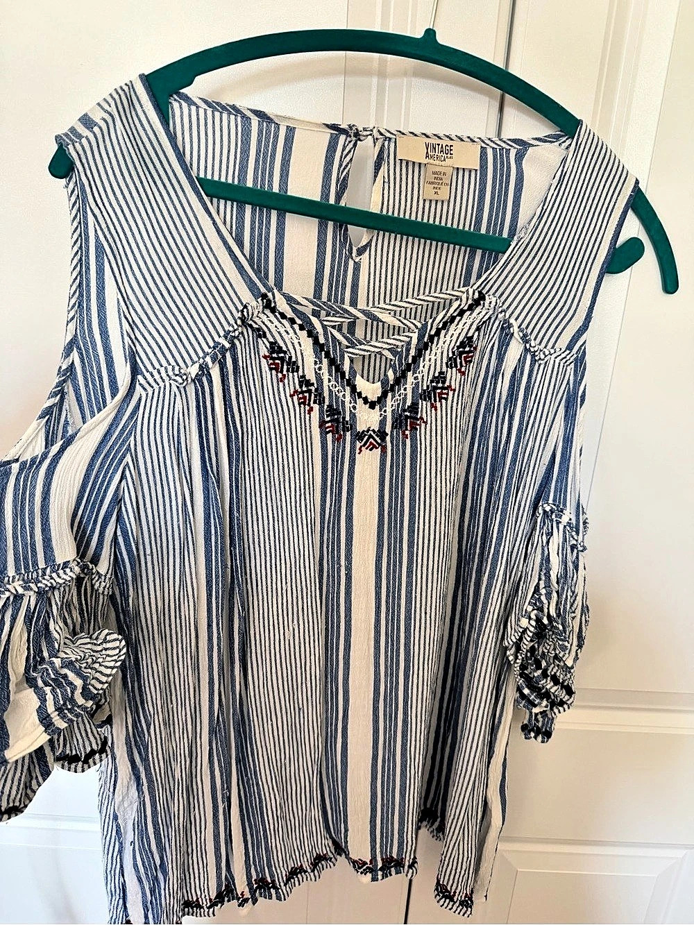 Vintage America Blues Striped Embroidered Blouse in Blue & White Size XL